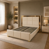 Letto Matrimoniale Contenitore 160x200 in Velluto Beige e Piedini Oro - Cubo Luxury