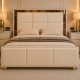 Letto Matrimoniale Contenitore 160x200 in Velluto Beige e Piedini Oro - Cubo Luxury