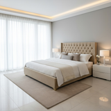 Letto Matrimoniale 160x200 in Velluto Beige Trapuntato con Borchie e Piedi Oro - Levante