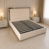 Letto Matrimoniale Contenitore 160x200 in Velluto Beige e Piedini Oro - Nexo Luxury