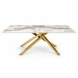 Tavolo 160x90 con piano in ceramica effetto marmo bianco e gambe oro - NOVA