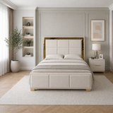 Letto Matrimoniale Contenitore 160x200 in Velluto Beige e Piedini Oro - Cubo Luxury