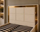 Letto Matrimoniale Contenitore 160x200 in Velluto Beige e Piedini Oro - Cubo Luxury