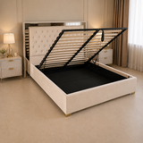 Letto Matrimoniale Contenitore 160x200 in Velluto Beige e Piedini Oro - Nexo Luxury