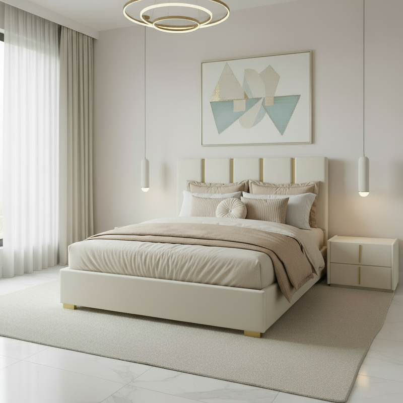 Letto Matrimoniale 160x200 in Velluto Beige con Dettagli Oro - Mira