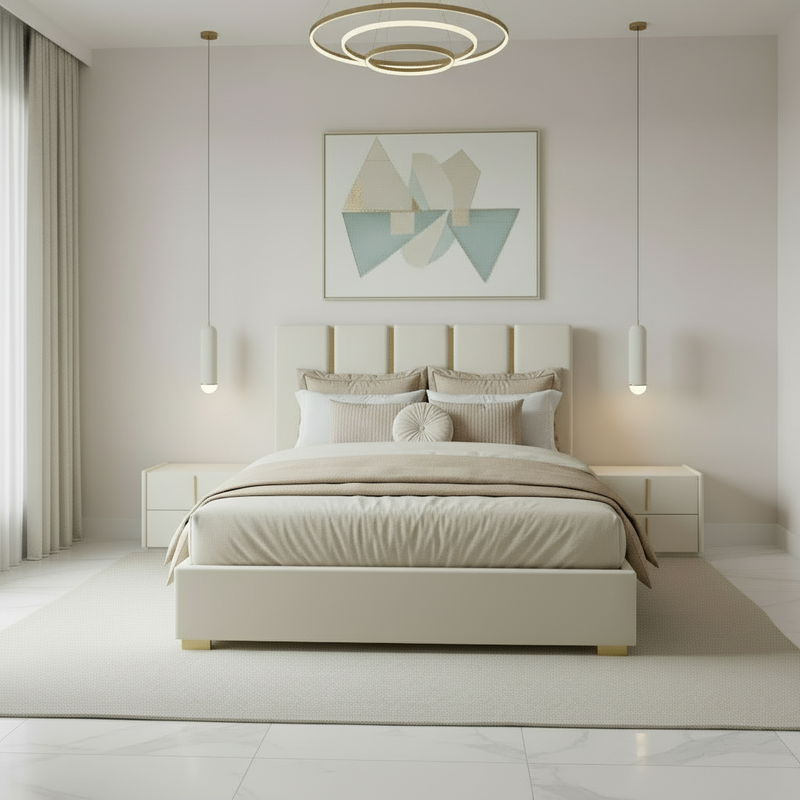 Letto Matrimoniale 160x200 in Velluto Beige con Dettagli Oro - Mira