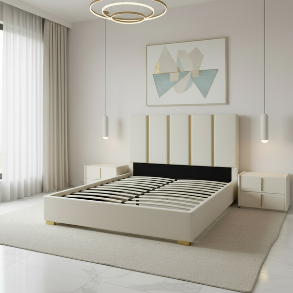 Letto Matrimoniale 160x200 in Velluto Beige con Dettagli Oro - Mira