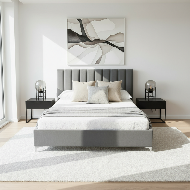 Letto Matrimoniale 160-200 in Velluto Grigio e Piedini Argento - Yaki