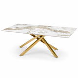 Tavolo 160x90 con piano in ceramica effetto marmo bianco e gambe oro - NOVA