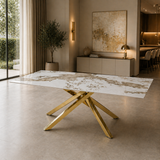 Tavolo 160x90 con piano in ceramica effetto marmo bianco e gambe oro - NOVA