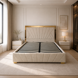Letto Matrimoniale Contenitore 160x200 in Velluto Beige e Piedini Oro - Imperial