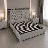 Letto Matrimoniale Contenitore 160x200 in Velluto Grigio e Piedini Argento - Nexo Luxury