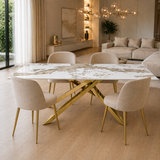 Tavolo 160x90 con piano in ceramica effetto marmo bianco e gambe oro - NOVA