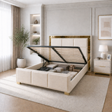 Letto Matrimoniale Contenitore 160x200 in Velluto Beige e Piedini Oro - Cubo Luxury