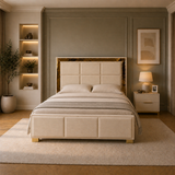 Letto Matrimoniale Contenitore 160x200 in Velluto Beige e Piedini Oro - Cubo Luxury