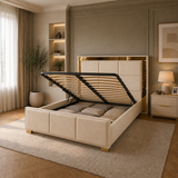 Letto Matrimoniale Contenitore 160x200 in Velluto Beige e Piedini Oro - Cubo Luxury