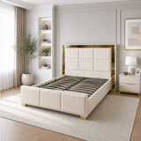 Letto Matrimoniale Contenitore 160x200 in Velluto Beige e Piedini Oro - Cubo Luxury