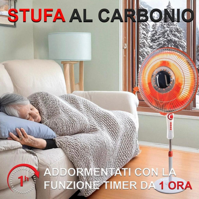 Stufa al Carbonio a Piantana 950W - Oscillante con Rotazione a 90° - Potenza Regolabile - Riscaldamento Potente, Calore Rapido e Sostenibile